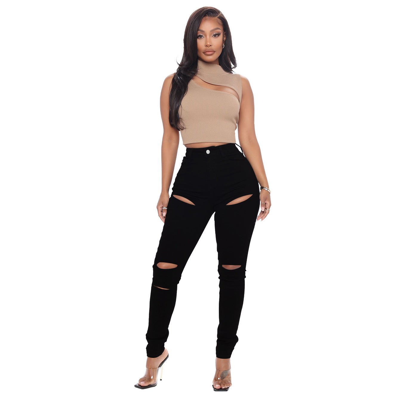 Mid Waist Slim-fit Ripped jeans - Talk to the tee store