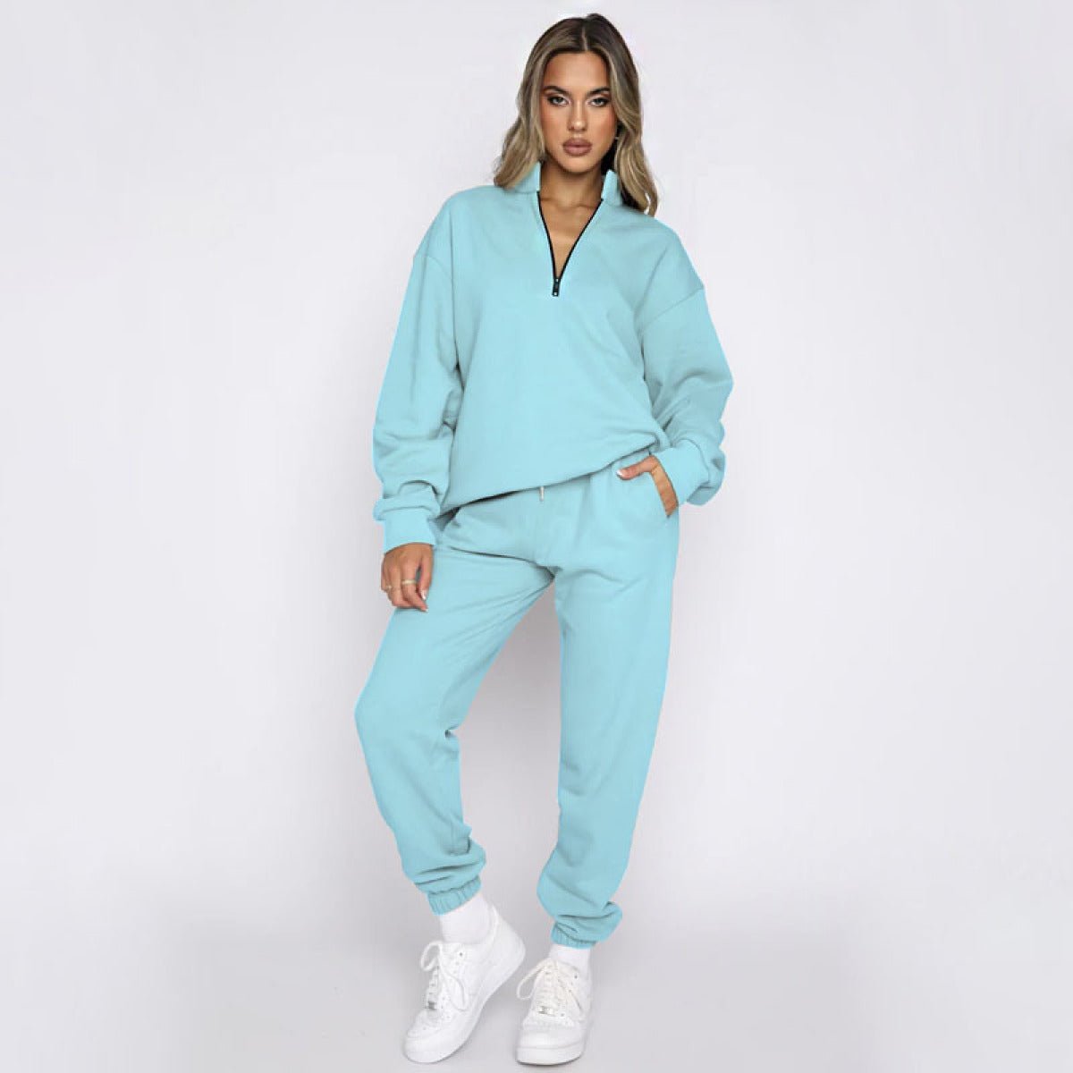 Stand-Up Collar Zipper Pullover Long-Sleeved Sweatshirts & Tie Pants Sets - Talk to the tee store