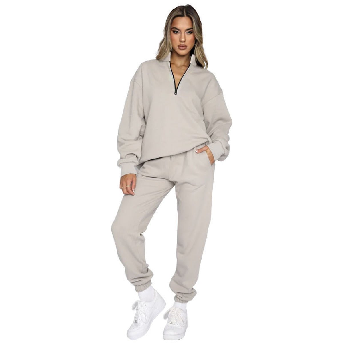 Stand-Up Collar Zipper Pullover Long-Sleeved Sweatshirts & Tie Pants Sets - Talk to the tee store