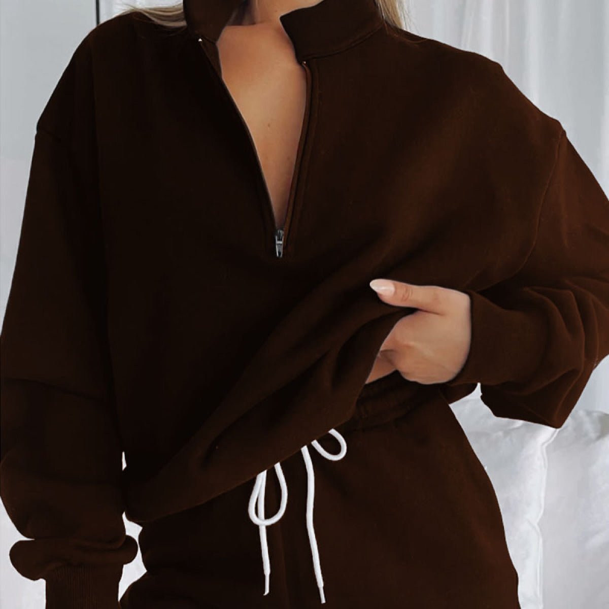 Stand-Up Collar Zipper Pullover Long-Sleeved Sweatshirts & Tie Pants Sets - Talk to the tee store