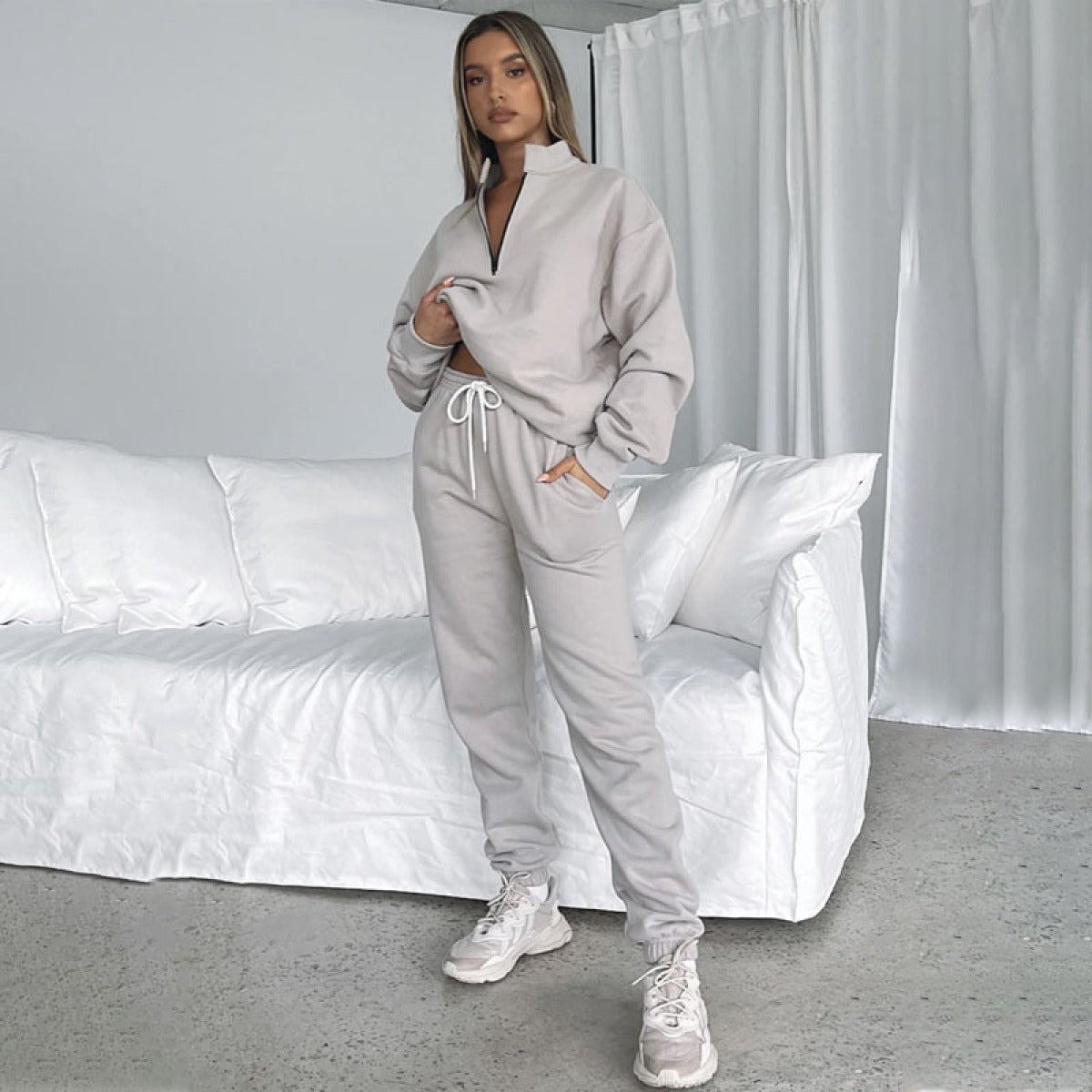Stand-Up Collar Zipper Pullover Long-Sleeved Sweatshirts & Tie Pants Sets - Talk to the tee store