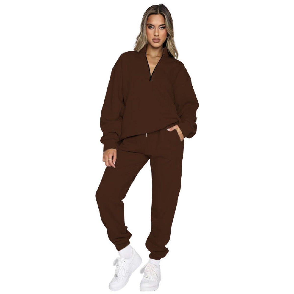 Stand-Up Collar Zipper Pullover Long-Sleeved Sweatshirts & Tie Pants Sets - Talk to the tee store