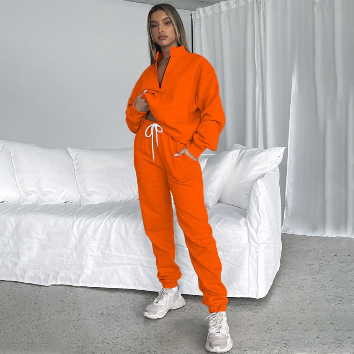 Stand-Up Collar Zipper Pullover Long-Sleeved Sweatshirts & Tie Pants Sets - Talk to the tee store