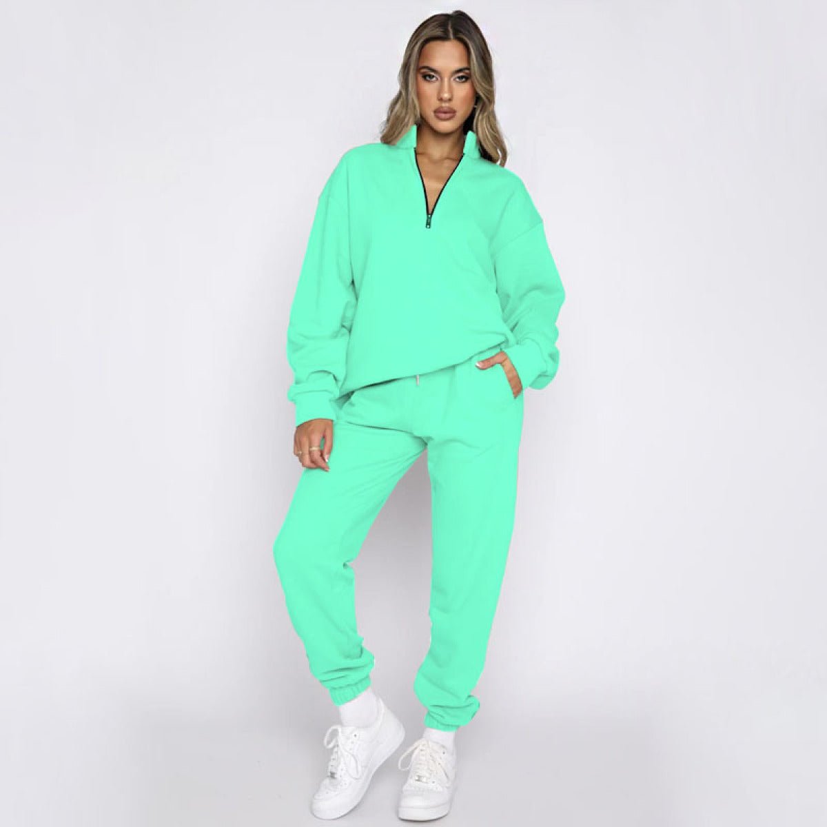 Stand-Up Collar Zipper Pullover Long-Sleeved Sweatshirts & Tie Pants Sets - Talk to the tee store