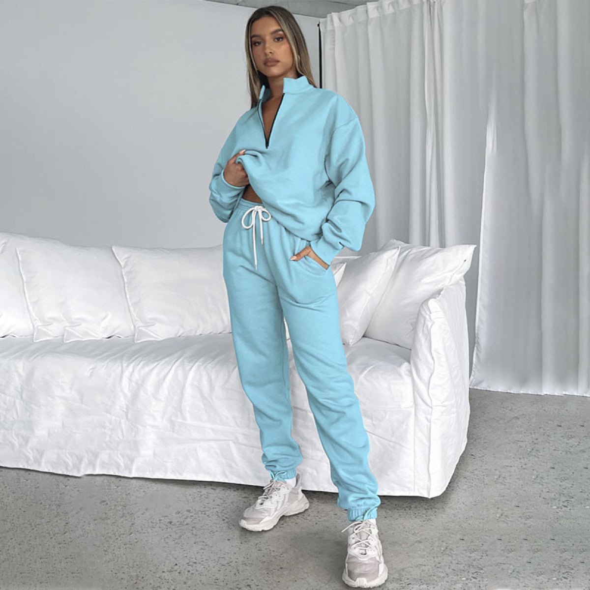 Stand-Up Collar Zipper Pullover Long-Sleeved Sweatshirts & Tie Pants Sets - Talk to the tee store