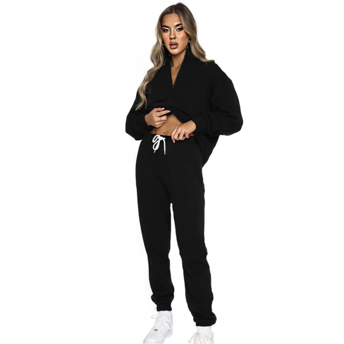 Stand-Up Collar Zipper Pullover Long-Sleeved Sweatshirts & Tie Pants Sets - Talk to the tee store