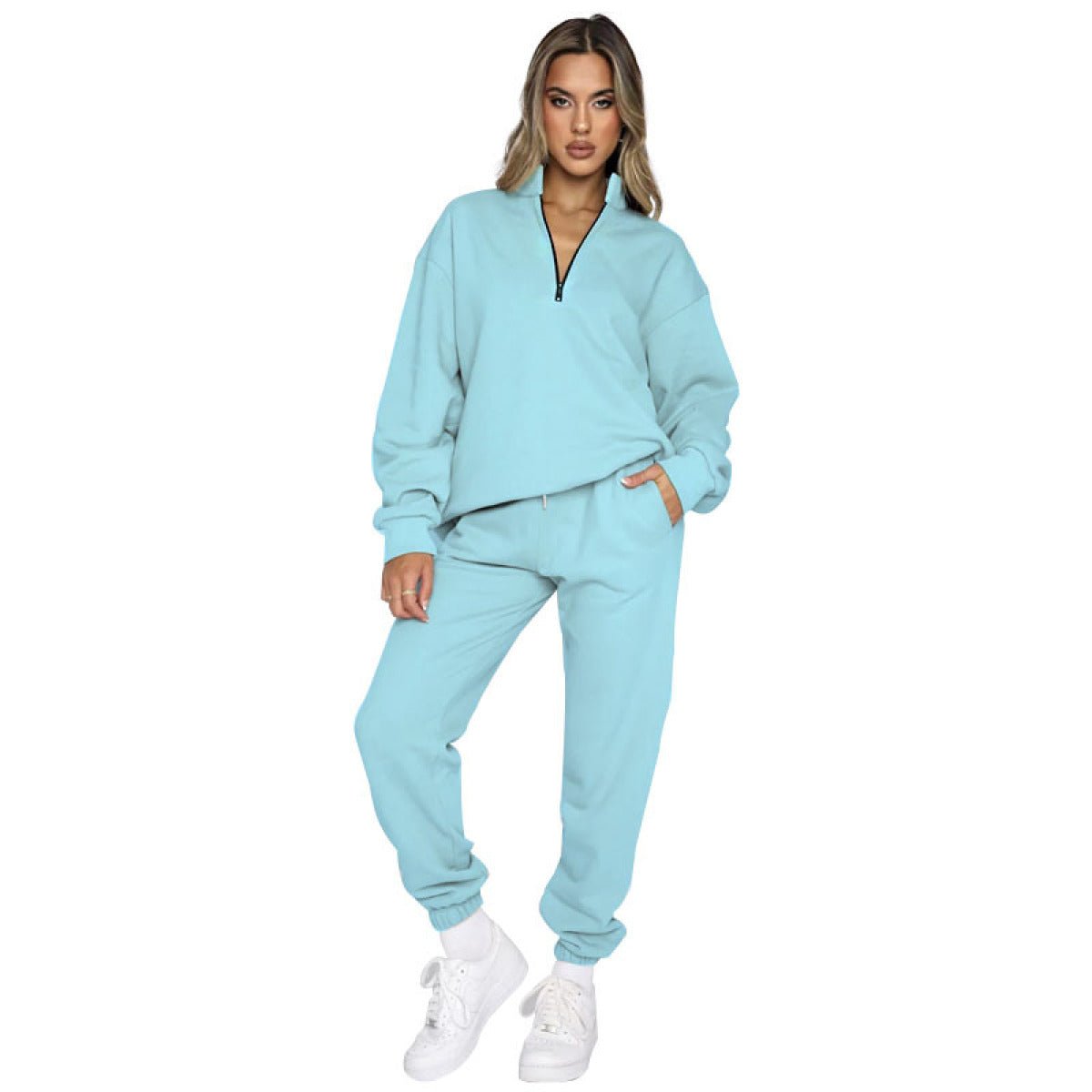 Stand-Up Collar Zipper Pullover Long-Sleeved Sweatshirts & Tie Pants Sets - Talk to the tee store