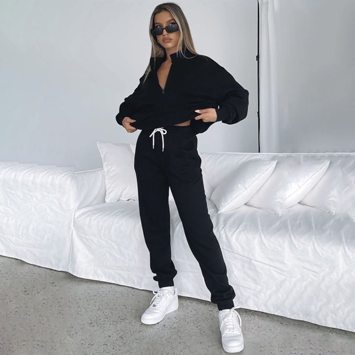 Stand-Up Collar Zipper Pullover Long-Sleeved Sweatshirts & Tie Pants Sets - Talk to the tee store