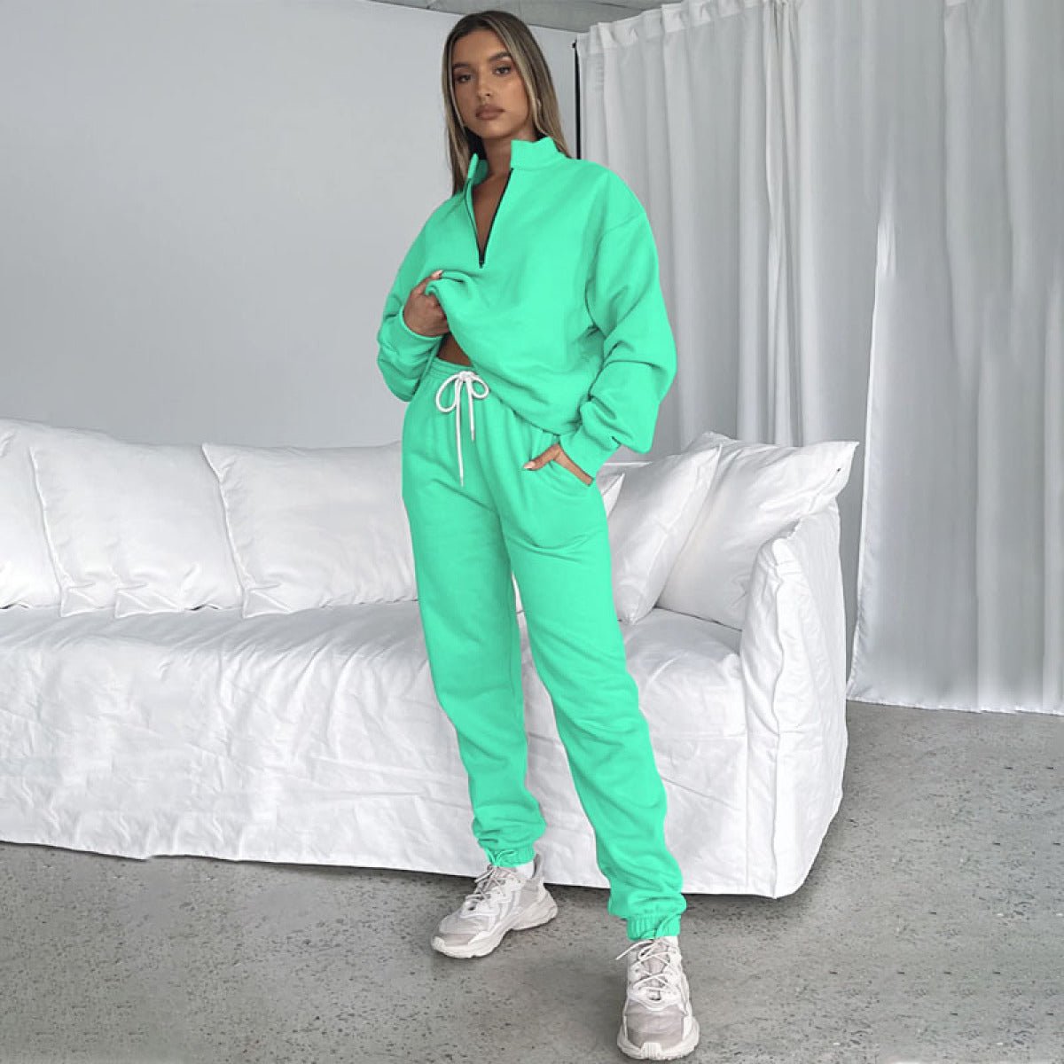 Stand-Up Collar Zipper Pullover Long-Sleeved Sweatshirts & Tie Pants Sets - Talk to the tee store