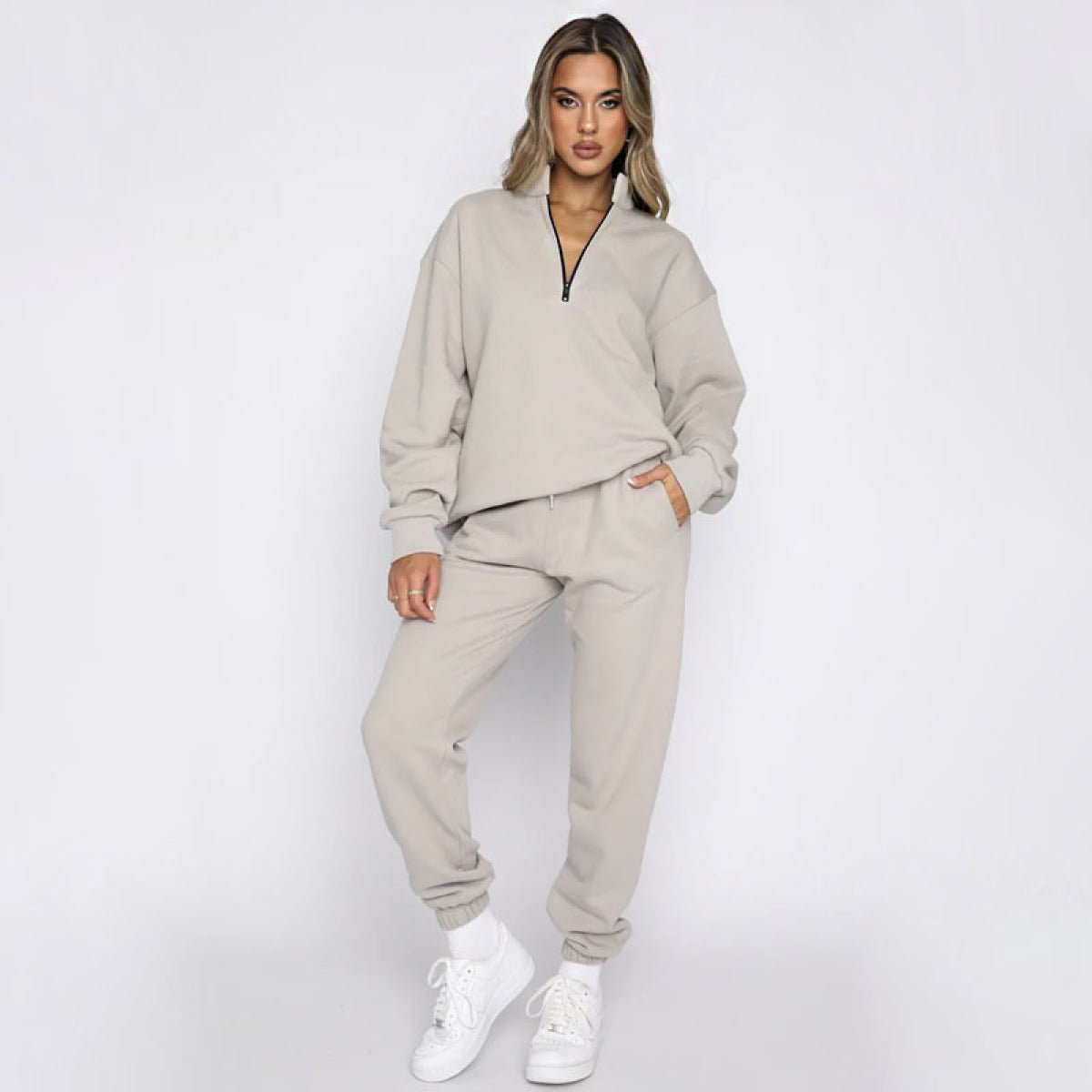 Stand-Up Collar Zipper Pullover Long-Sleeved Sweatshirts & Tie Pants Sets - Talk to the tee store