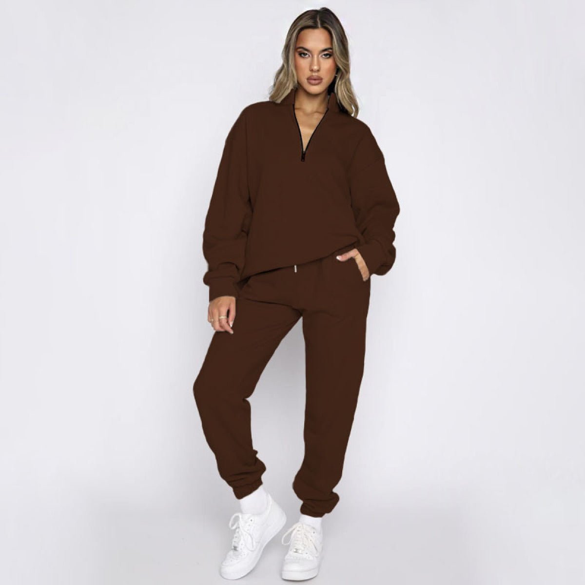 Stand-Up Collar Zipper Pullover Long-Sleeved Sweatshirts & Tie Pants Sets - Talk to the tee store