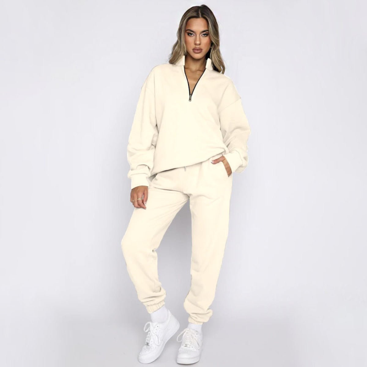 Stand-Up Collar Zipper Pullover Long-Sleeved Sweatshirts & Tie Pants Sets - Talk to the tee store