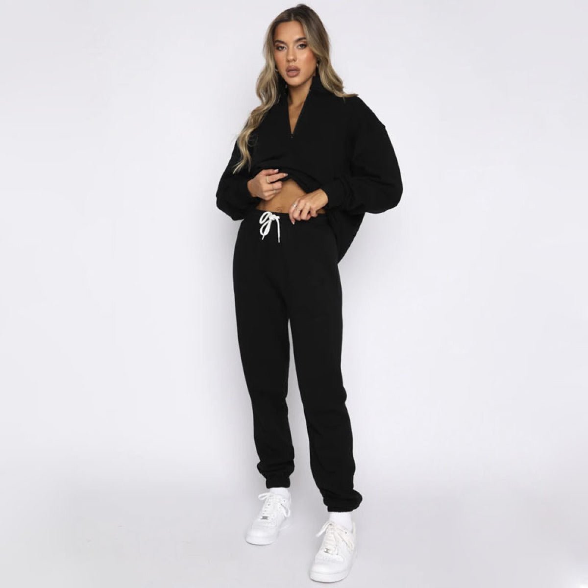 Stand-Up Collar Zipper Pullover Long-Sleeved Sweatshirts & Tie Pants Sets - Talk to the tee store